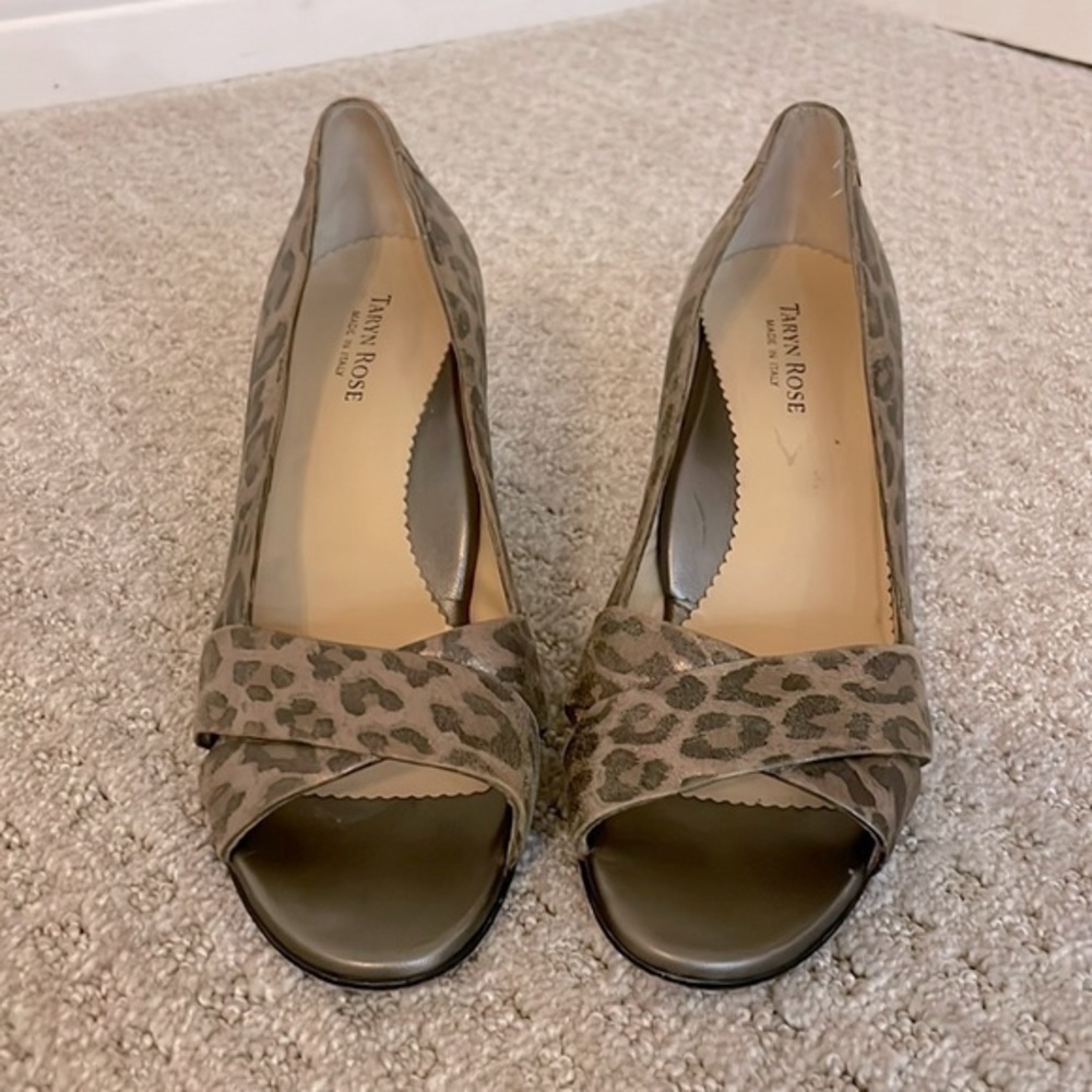 Taryn Rose Pewter Metallic Leopard Open Toe Heels